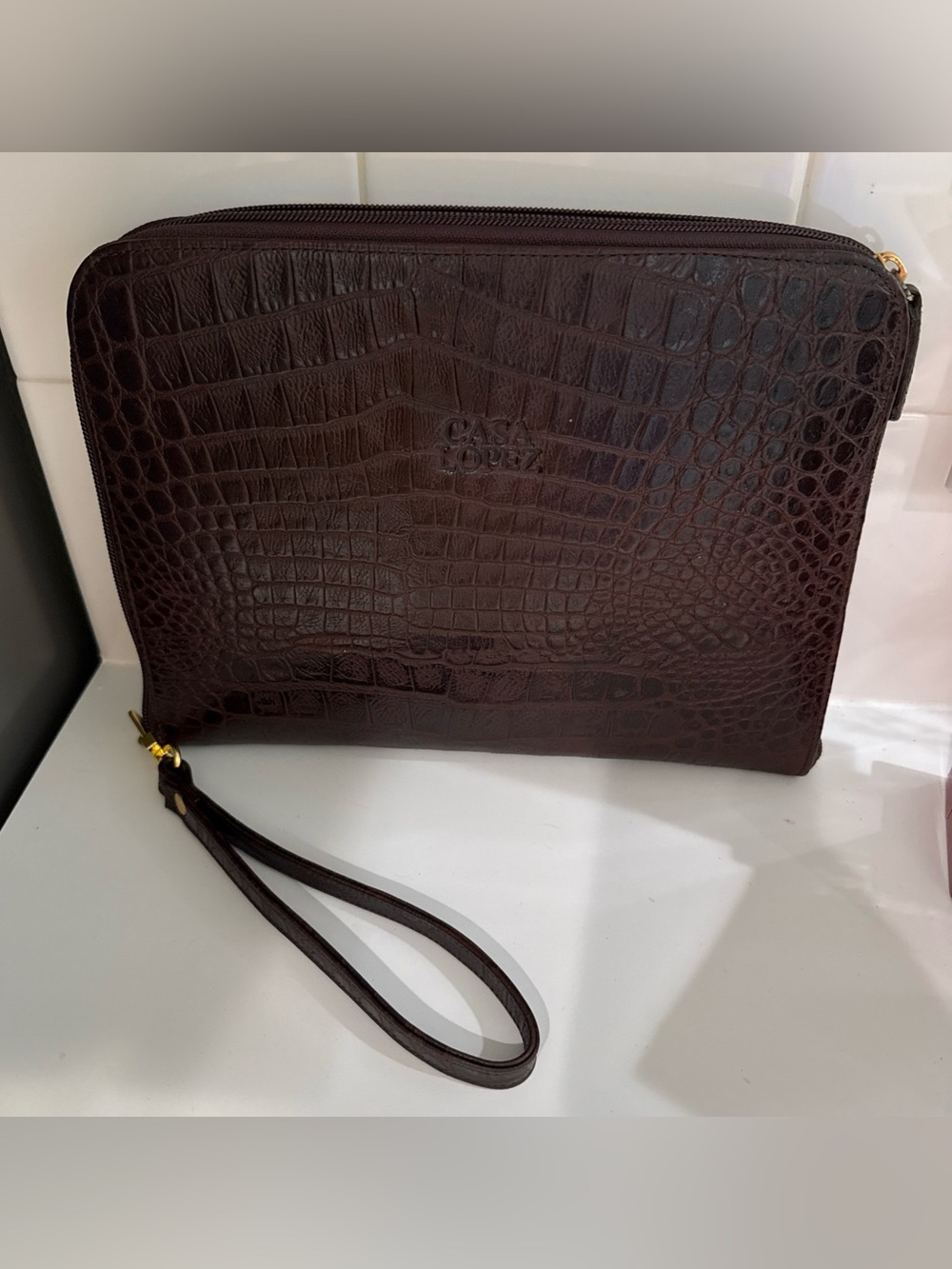 Men's Dark Brown Croc-Embossed Leather Toiletry Bag with Wrist Strap